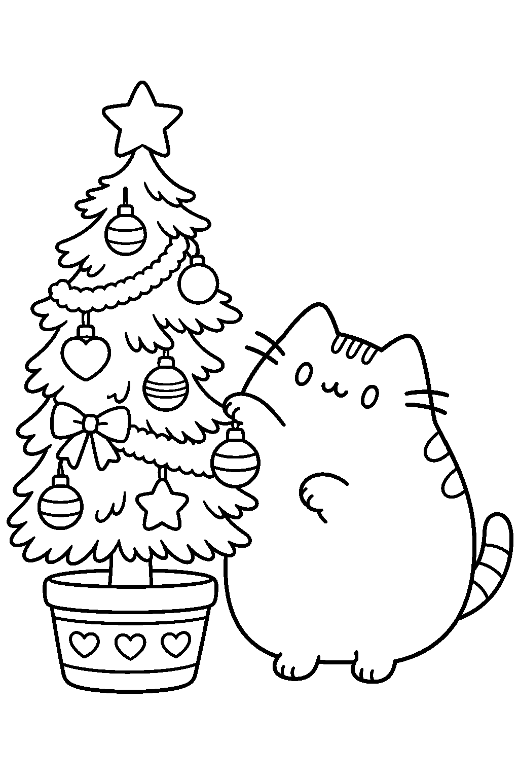 pusheen decorating the lowest branches of a christmas tree line art