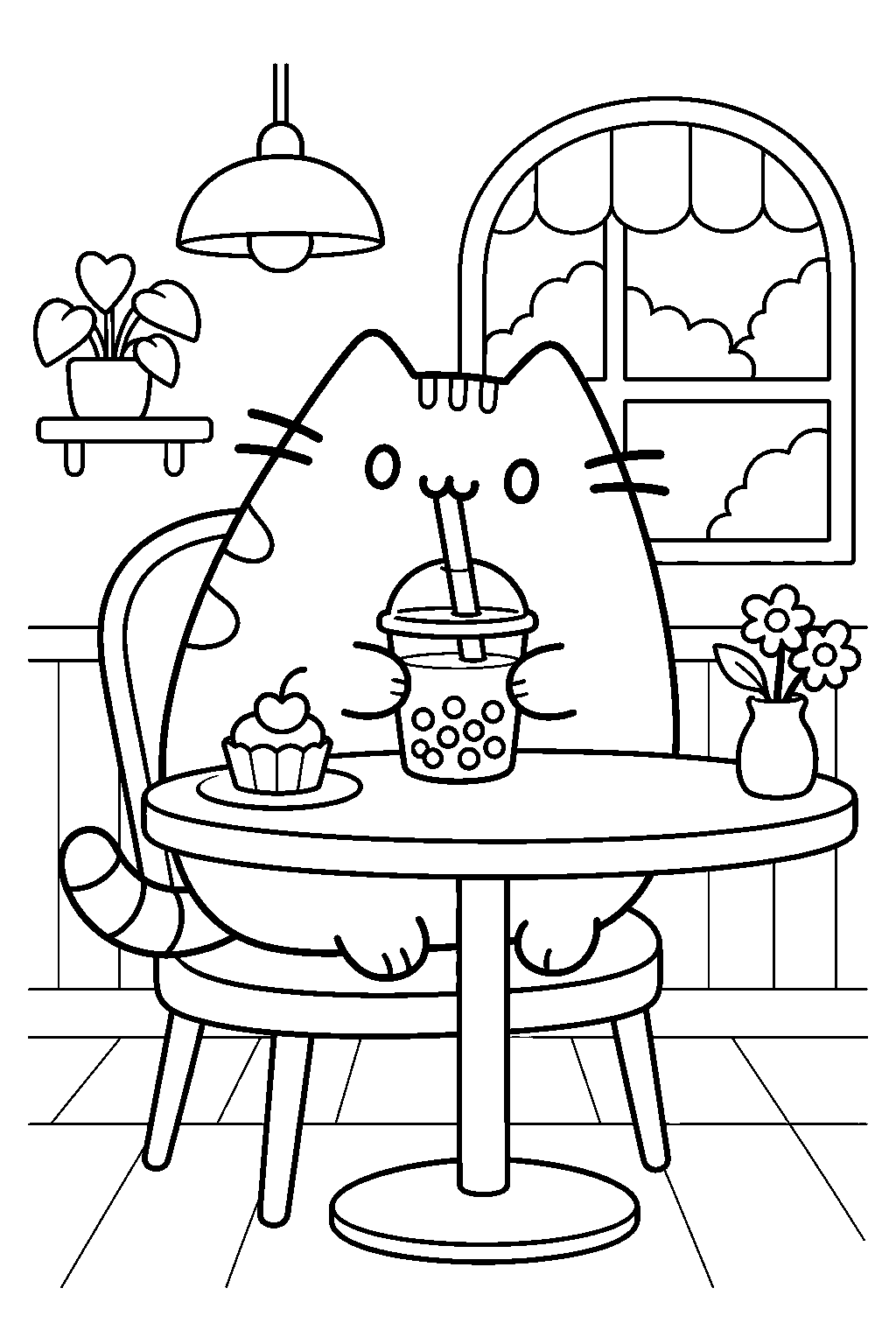 pusheen drinking boba tea through a straw at a cafe line art