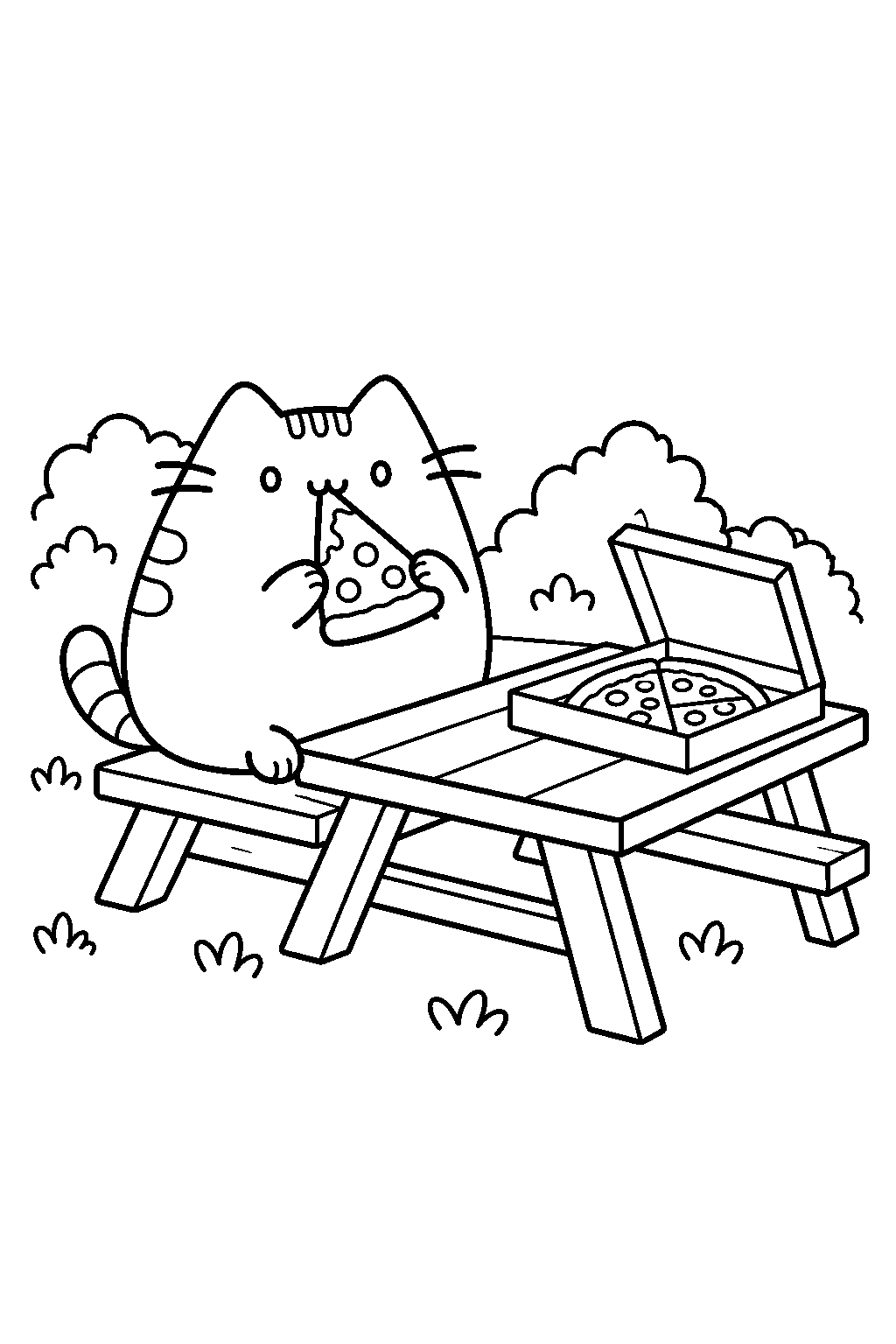 pusheen eating a slice of pizza at a picnic table line art