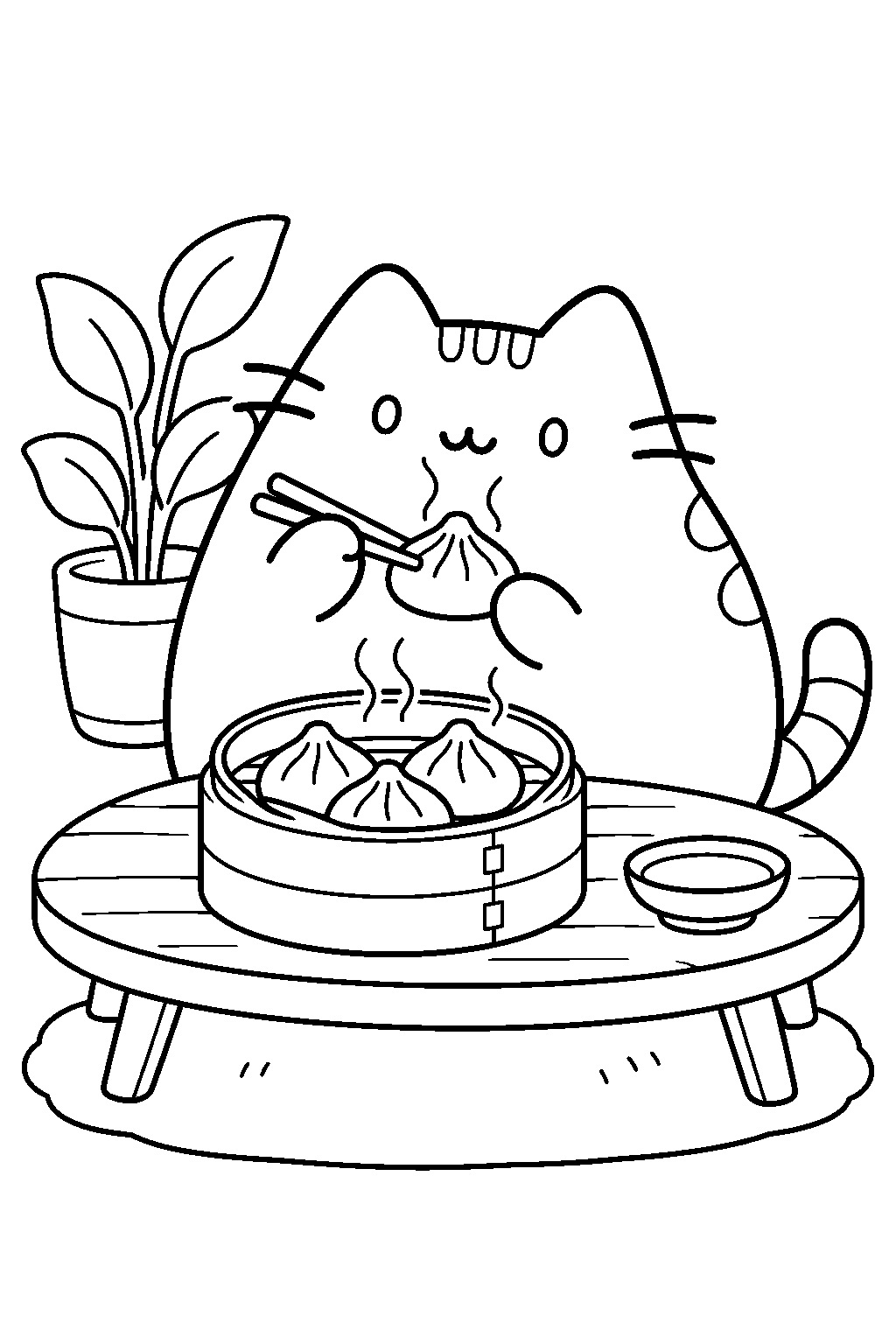 pusheen eating steamed dumplings from a bamboo steamer line art