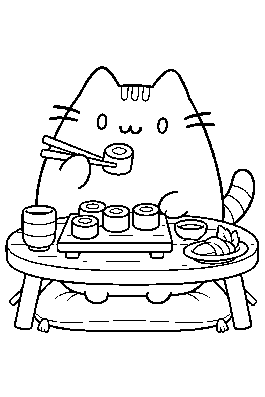 pusheen eating sushi rolls at a low table line art