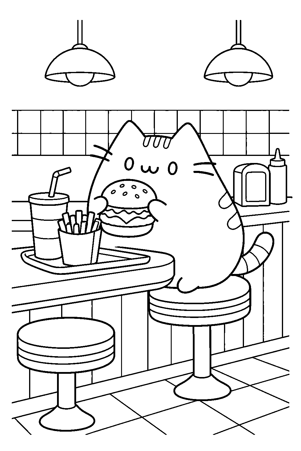 pusheen enjoying a burger and fries at a diner counter line art