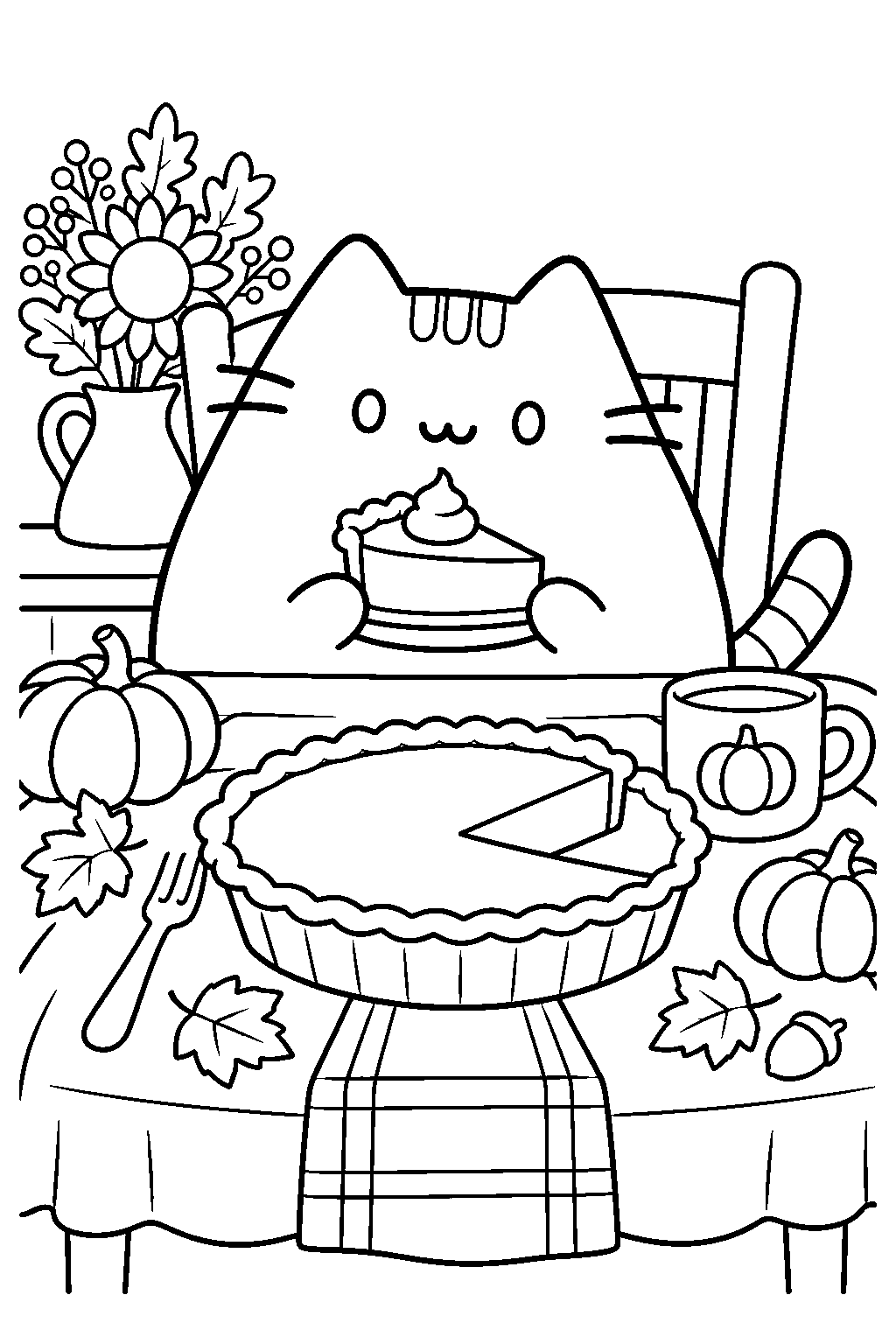 pusheen enjoying pumpkin pie at a thanksgiving dinner line art