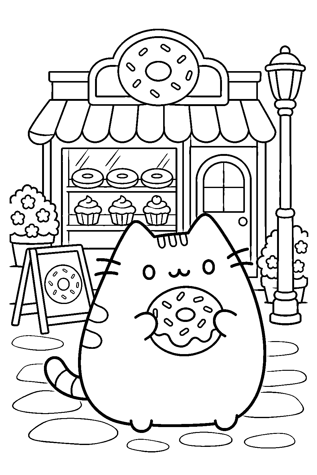 pusheen holding a frosted donut outside a bakery line art
