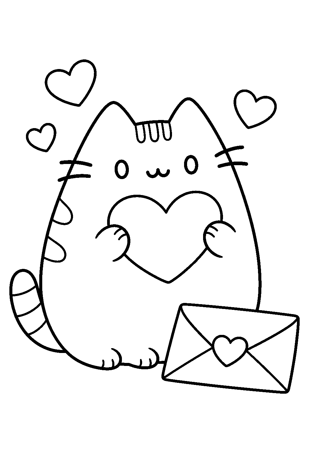 pusheen holding a heart shaped valentine beside a sealed envelope line art