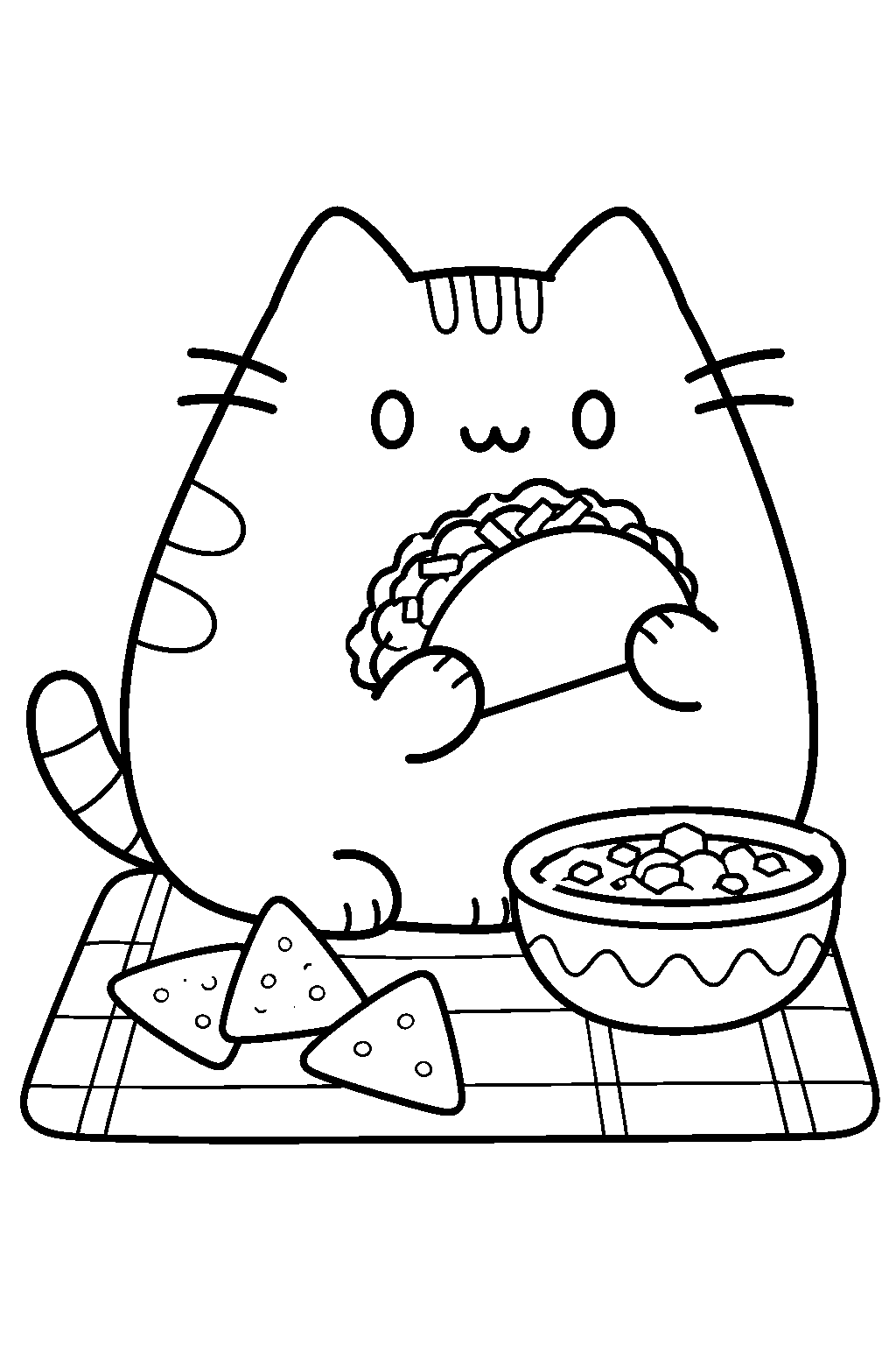 pusheen holding a taco beside a bowl of salsa line art
