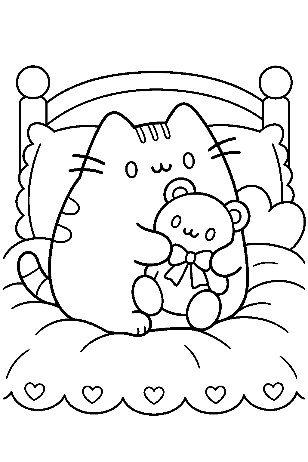 pusheen hugging a teddy bear on her bed line art