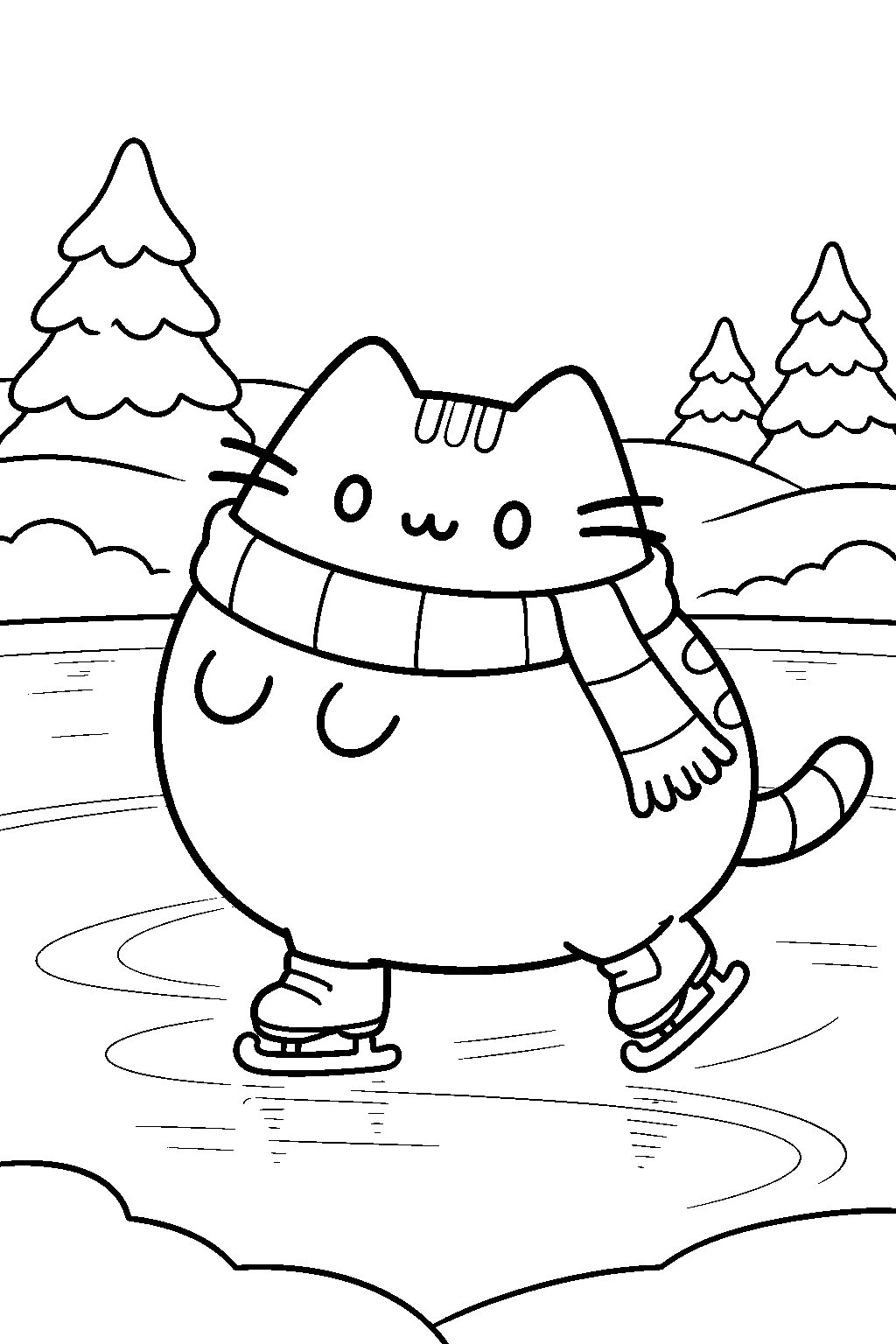 pusheen ice skating on a frozen pond in a winter scarf line art