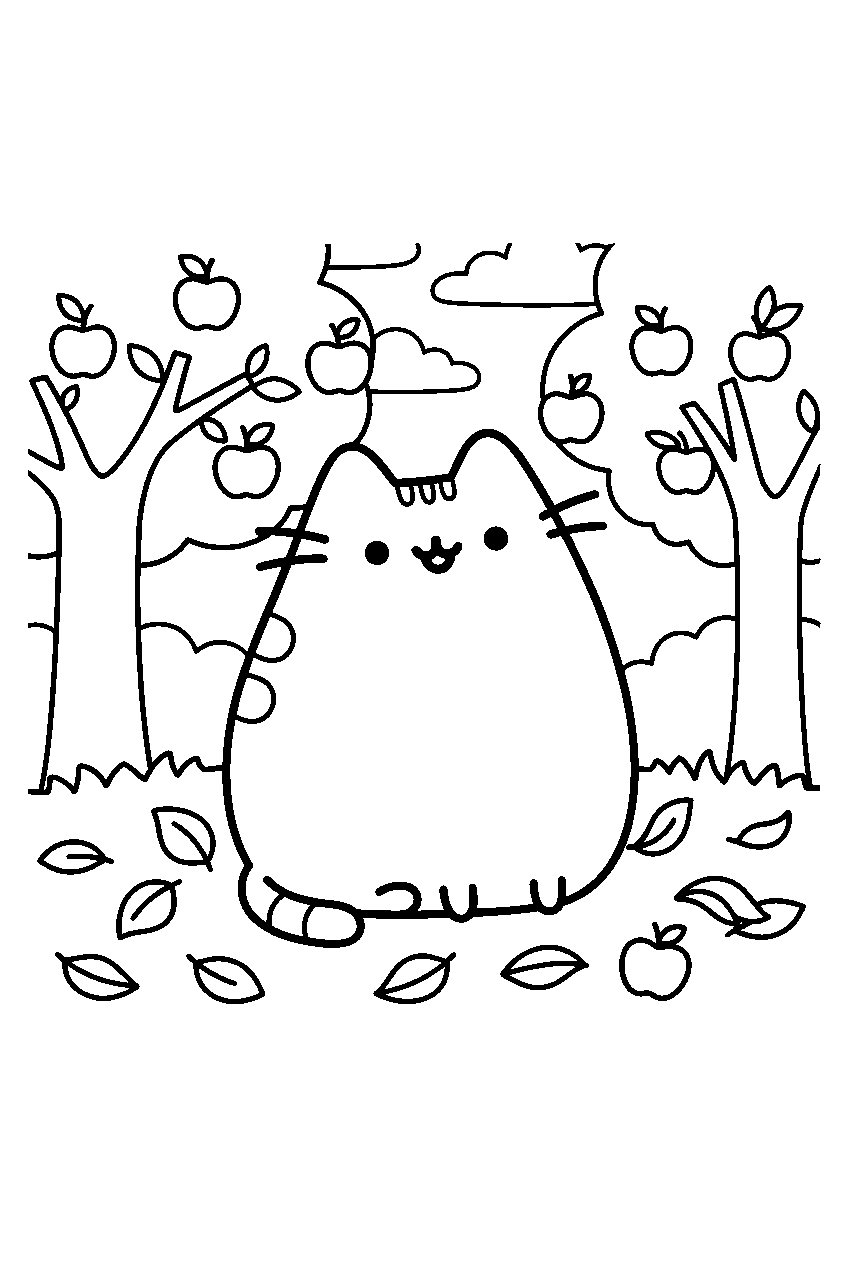 pusheen in apple orchard line art