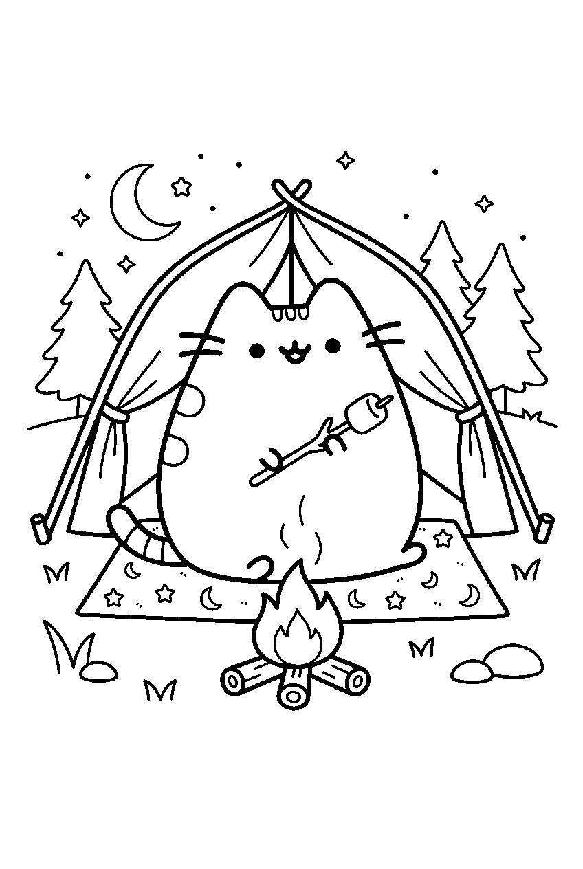 pusheen in camping area line art