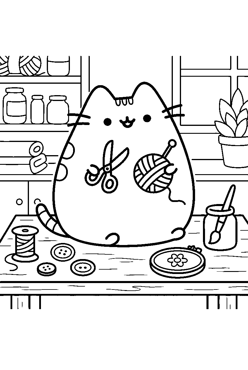 pusheen in craft room line art
