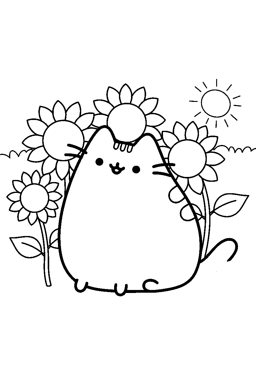 pusheen in sunflower field line art