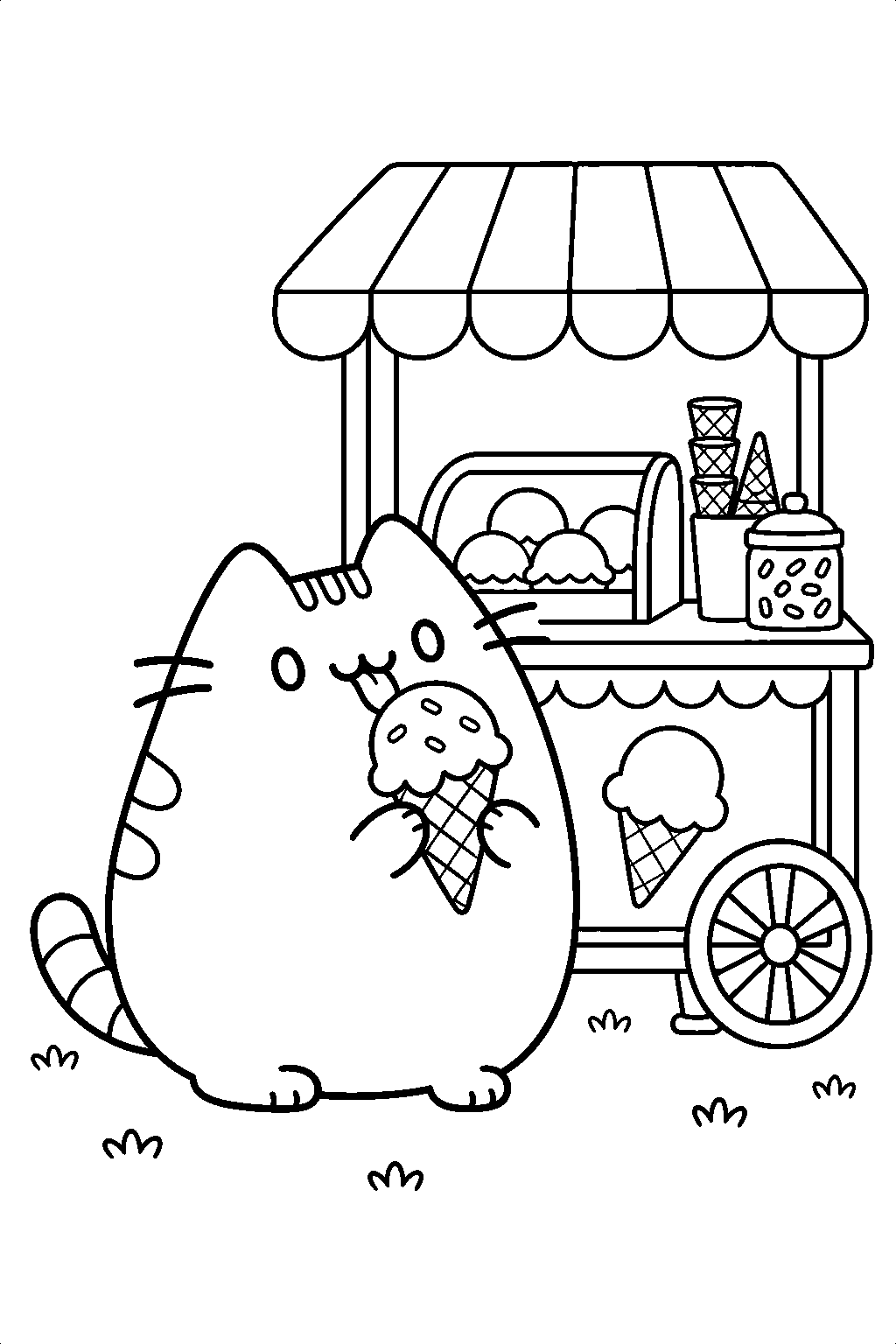 pusheen licking an ice cream cone beside an ice cream cart line art