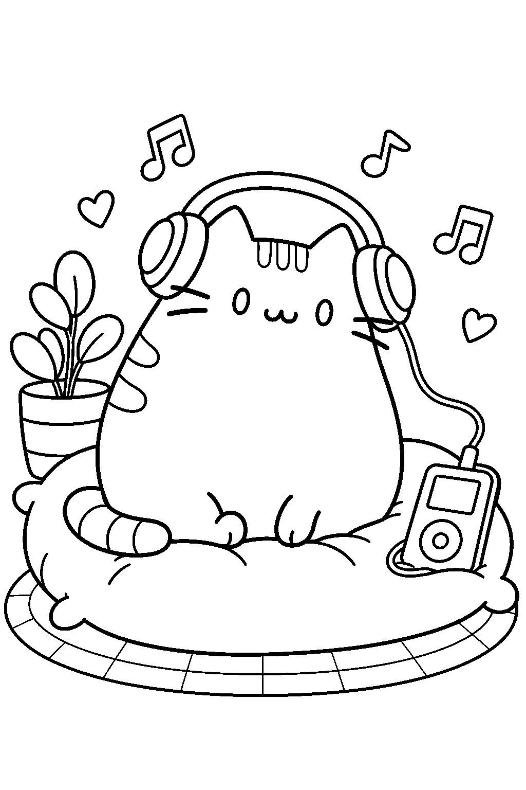 pusheen listening to music through headphones beside a music player line art
