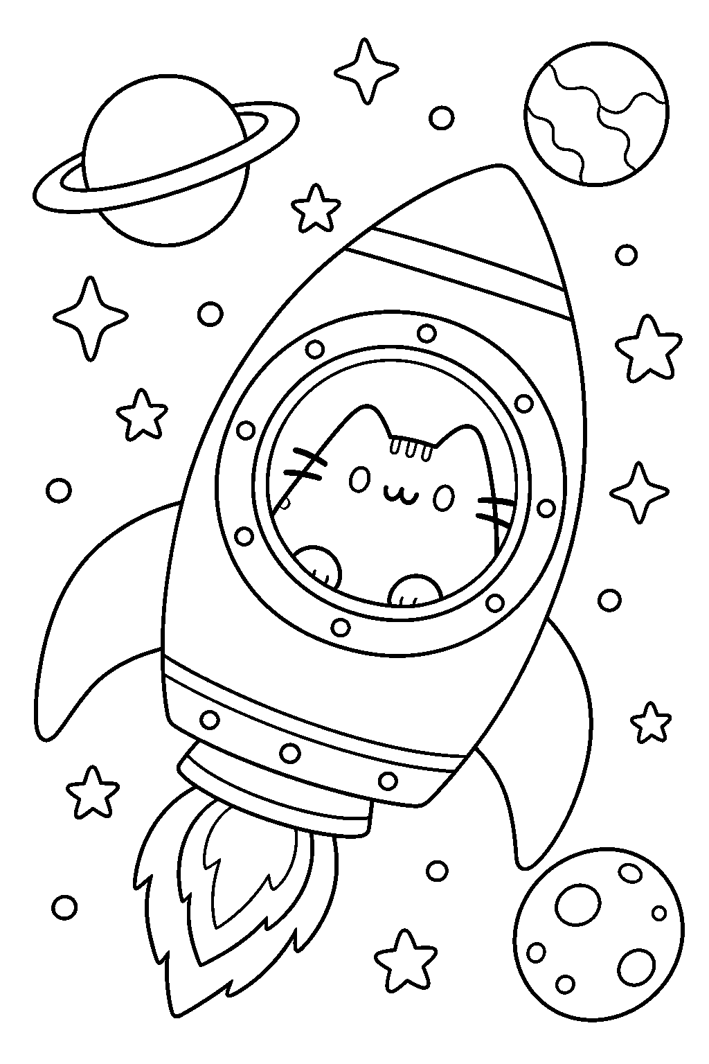 pusheen looking through a rocket ship window at stars and planets line art