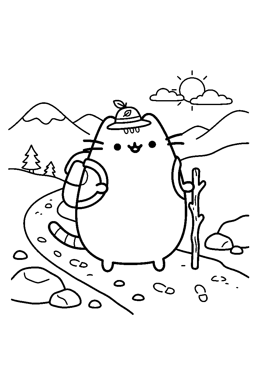 pusheen on mountain trail line art
