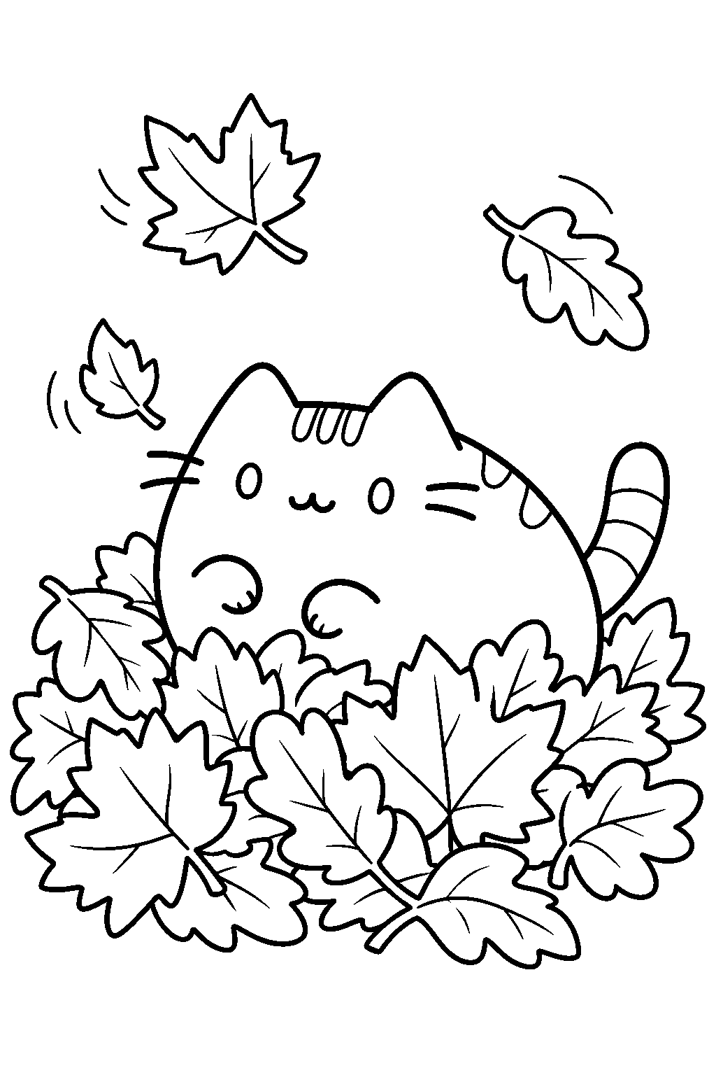 pusheen playing in a pile of autumn leaves line art