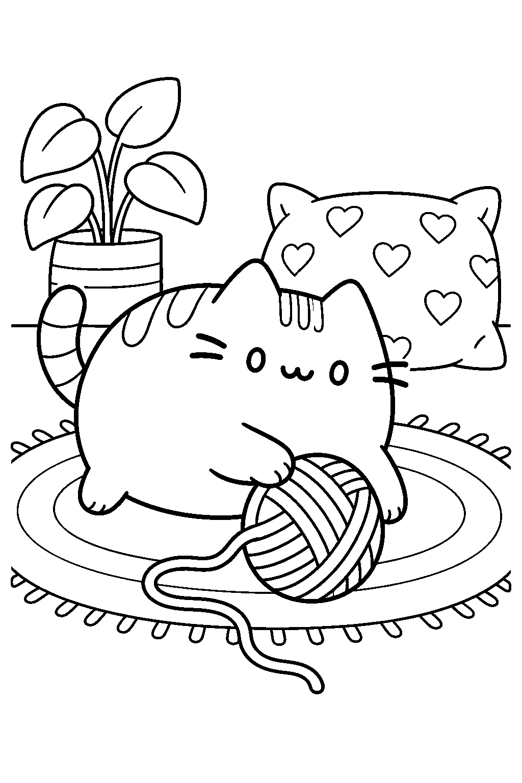 pusheen playing with a ball of yarn on a rug line art