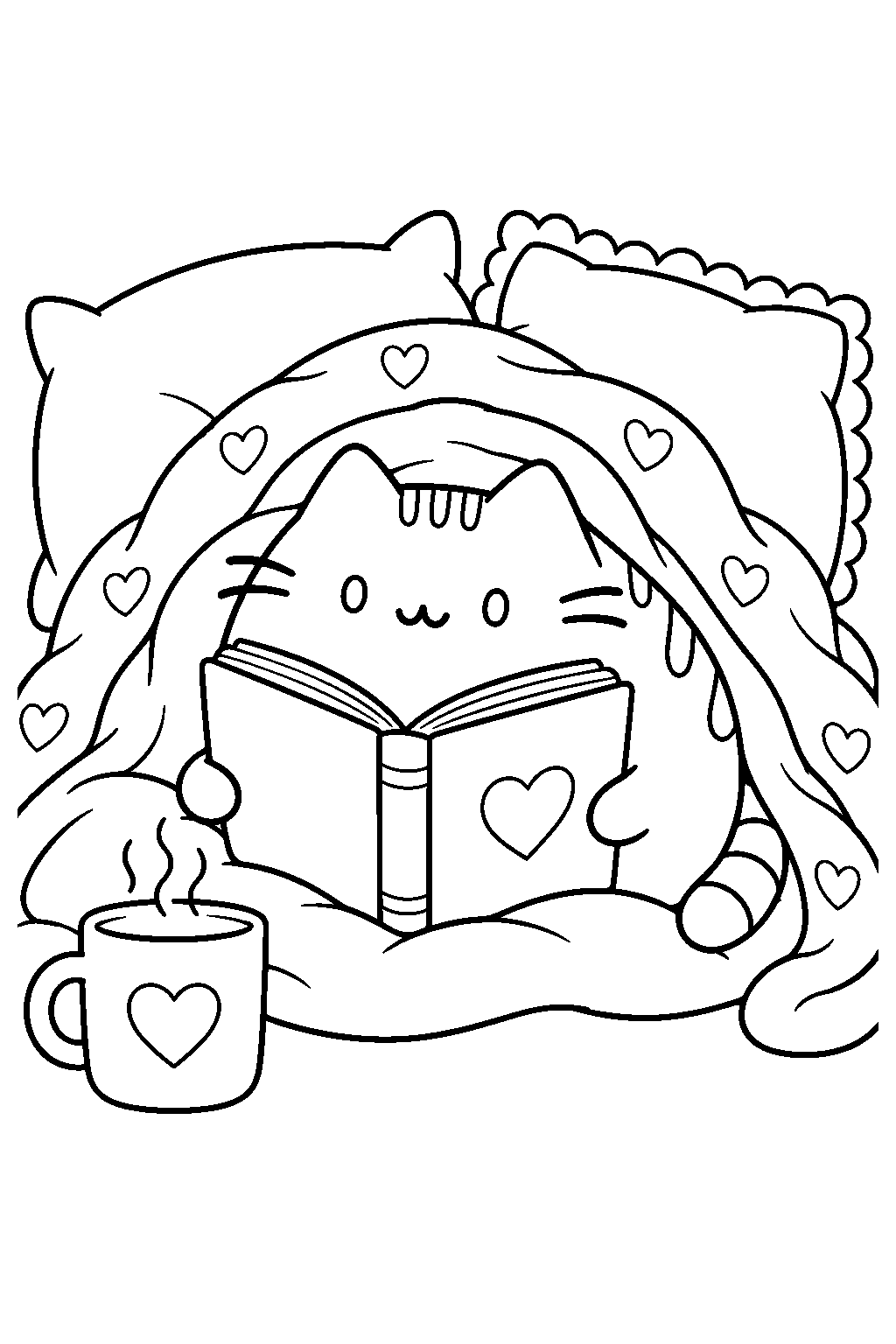 pusheen reading a book under a cozy blanket line art