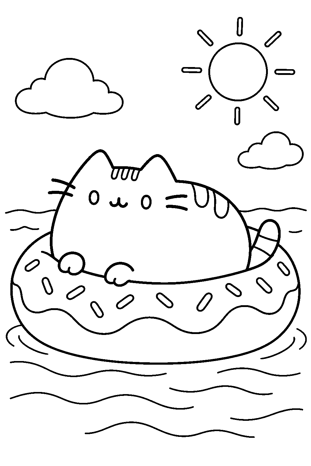pusheen relaxing on a donut pool float line art