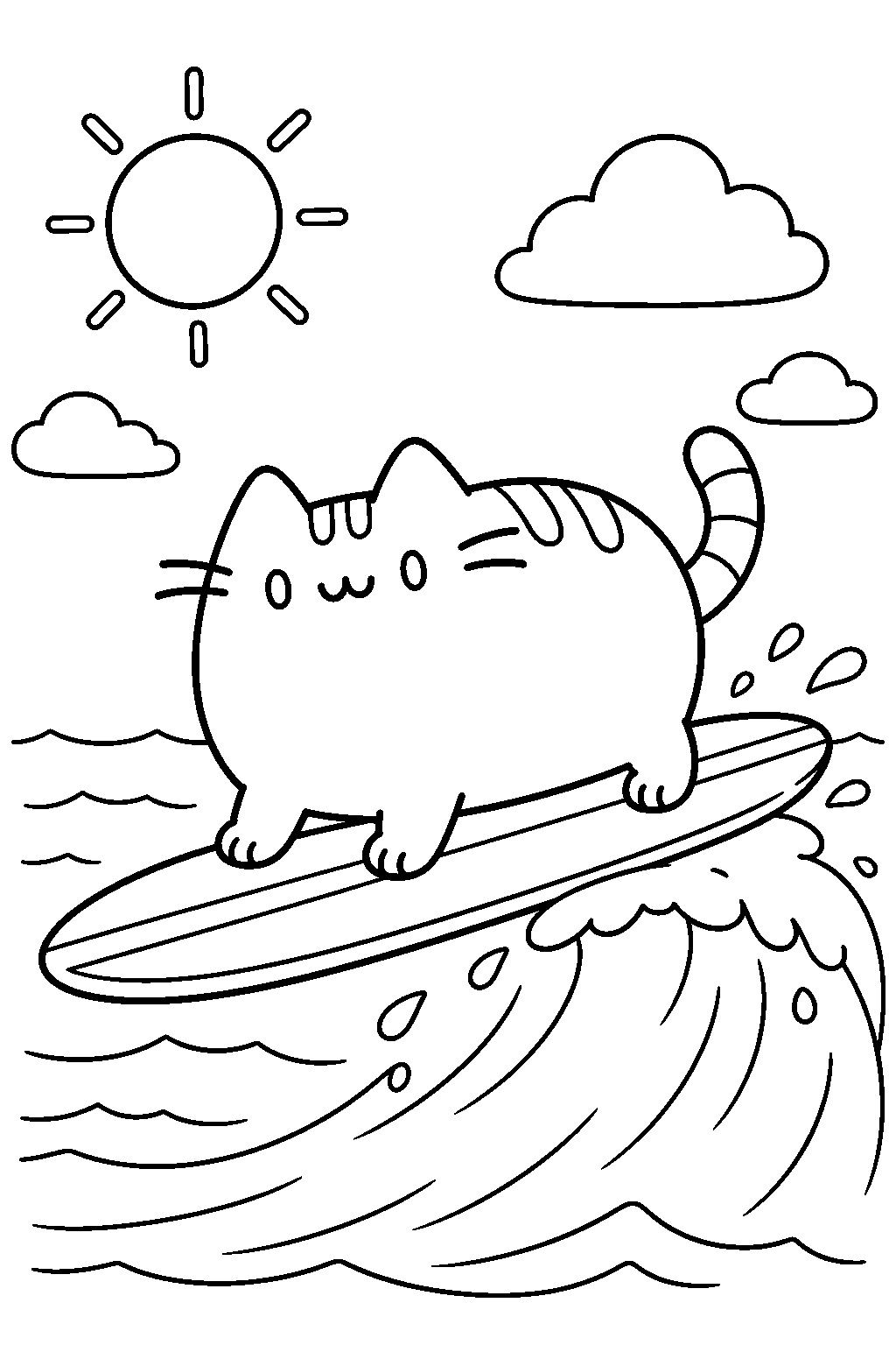 pusheen riding a surfboard on a gentle ocean wave line art