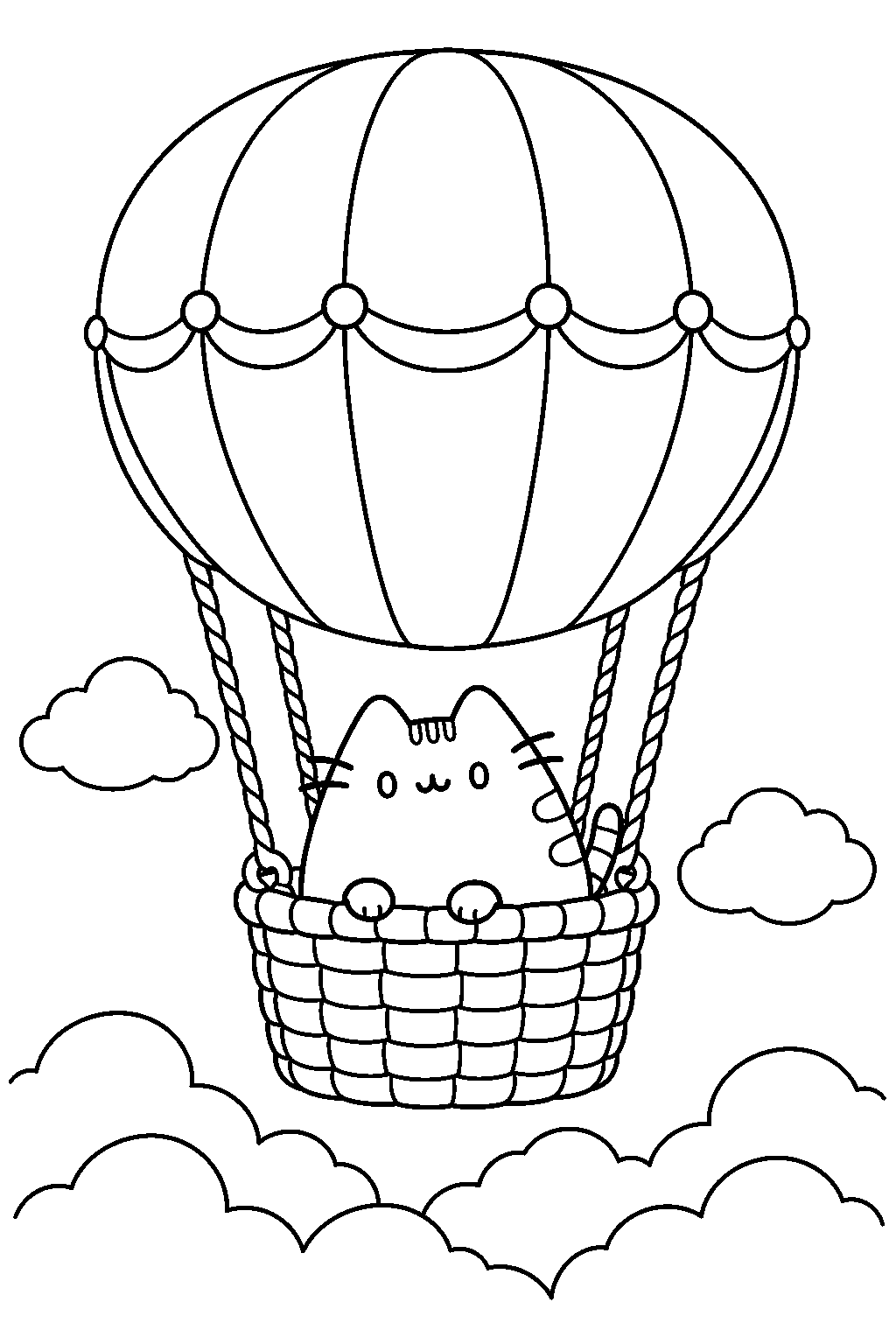 pusheen riding in a hot air balloon basket above the clouds line art