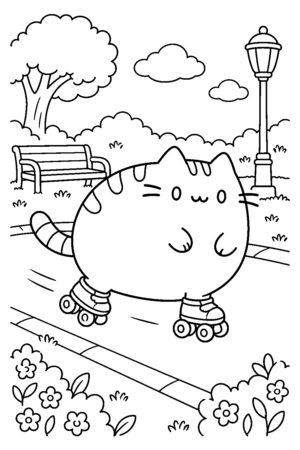 pusheen roller skating along a smooth park path line art