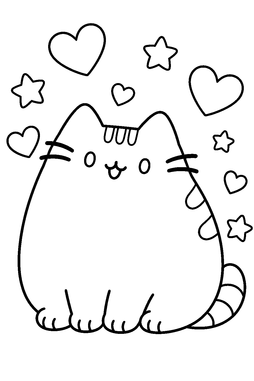 pusheen sitting with floating hearts and stars line art