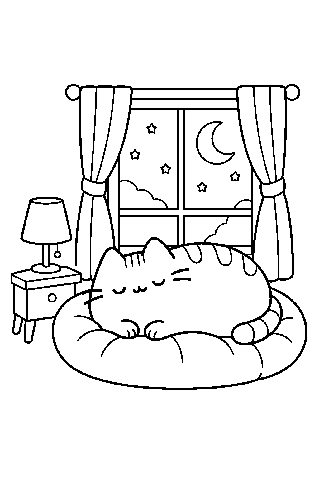 pusheen sleeping on a cushion beside a bedroom window line art