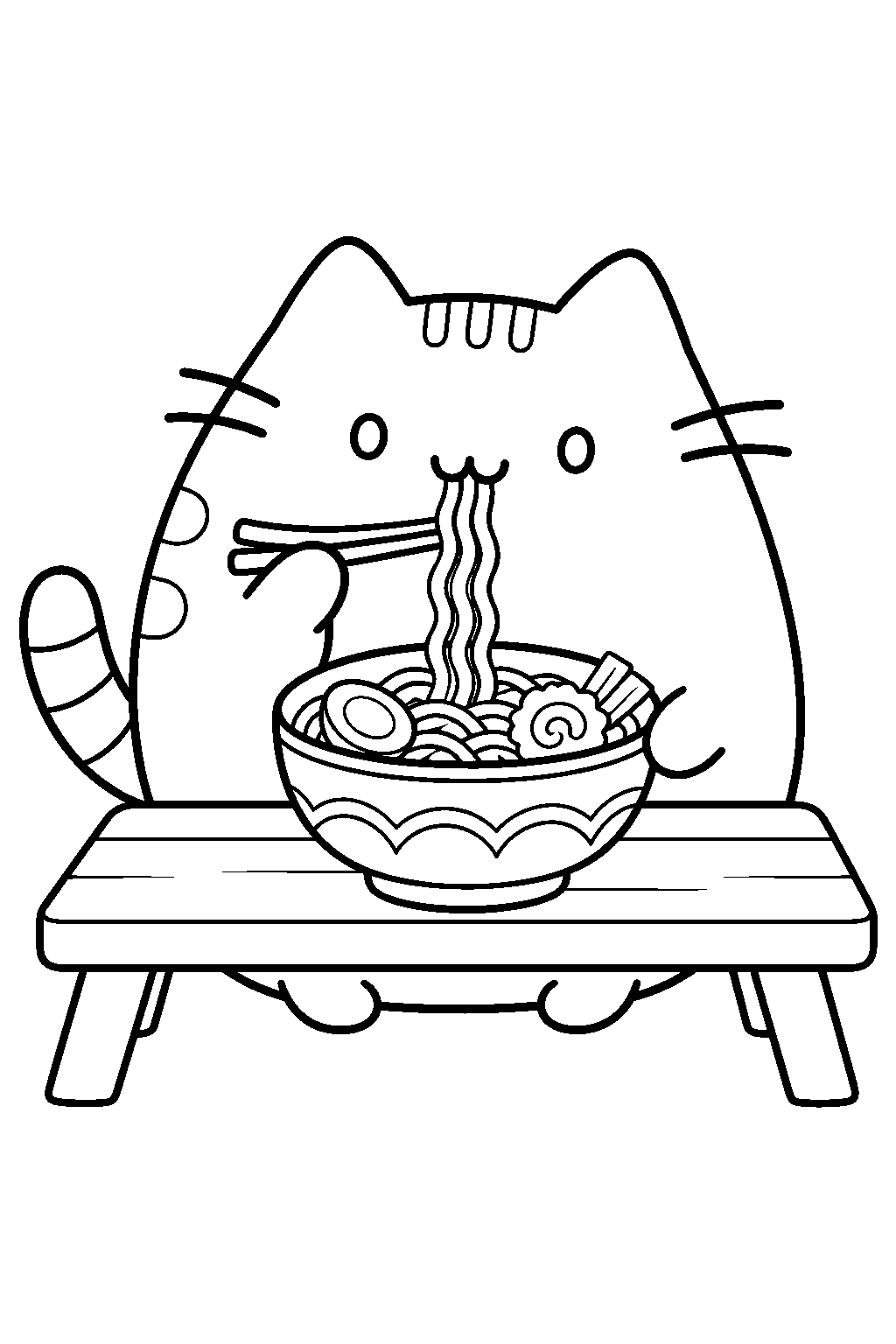 pusheen slurping ramen noodles from a bowl line art