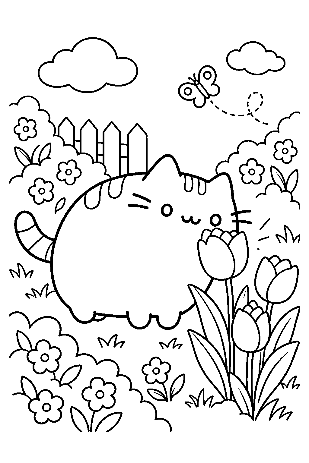 pusheen sniffing flowers in a spring garden line art