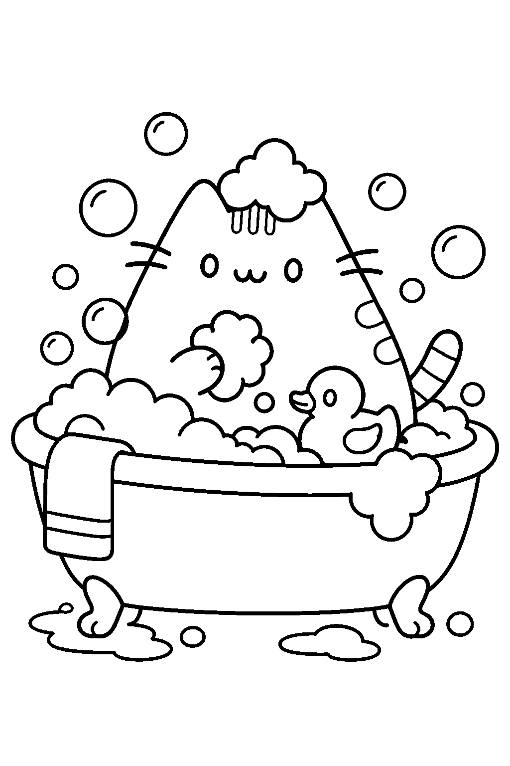 pusheen taking a bubble bath with a rubber duck line art