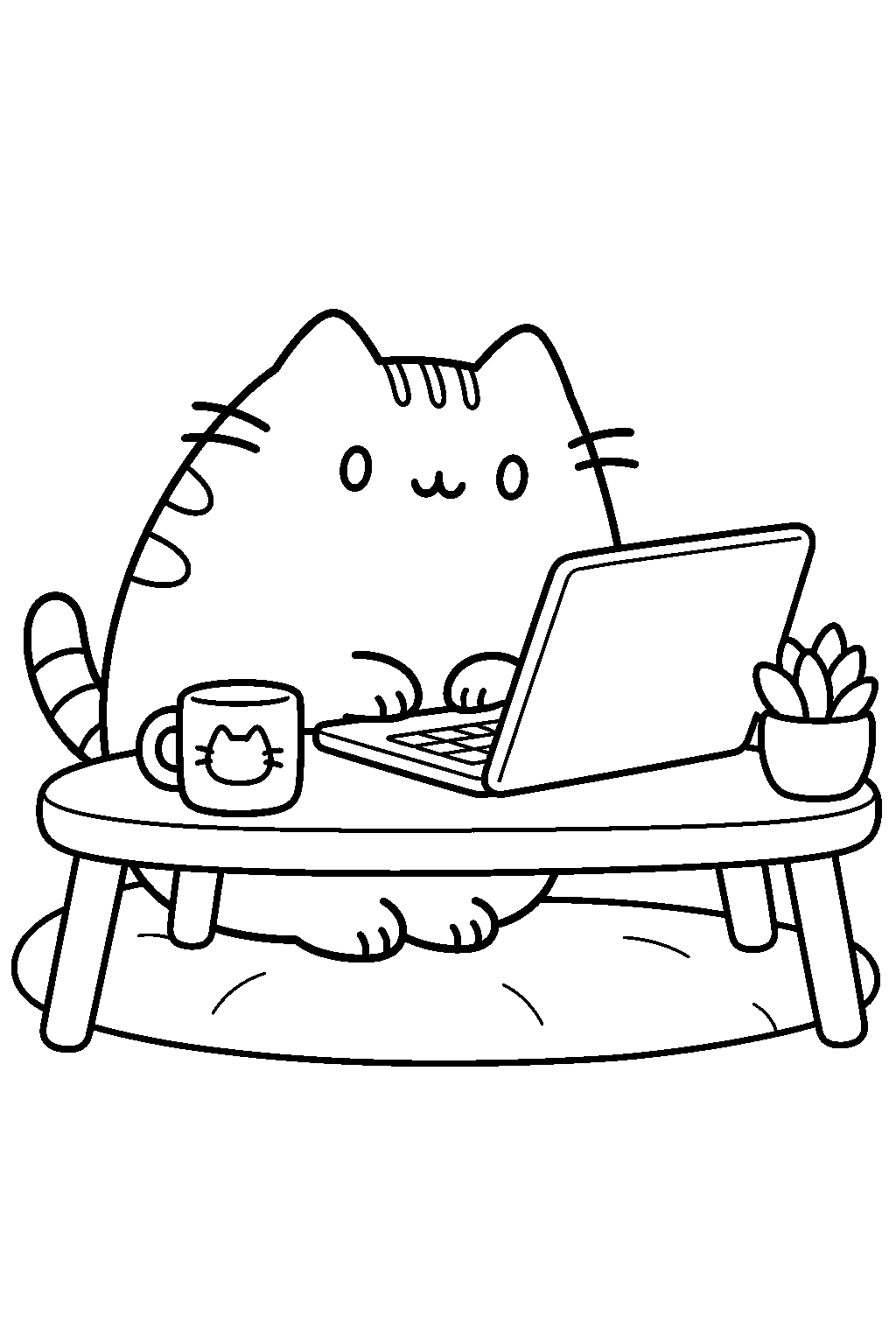 pusheen using a laptop at a low desk line art