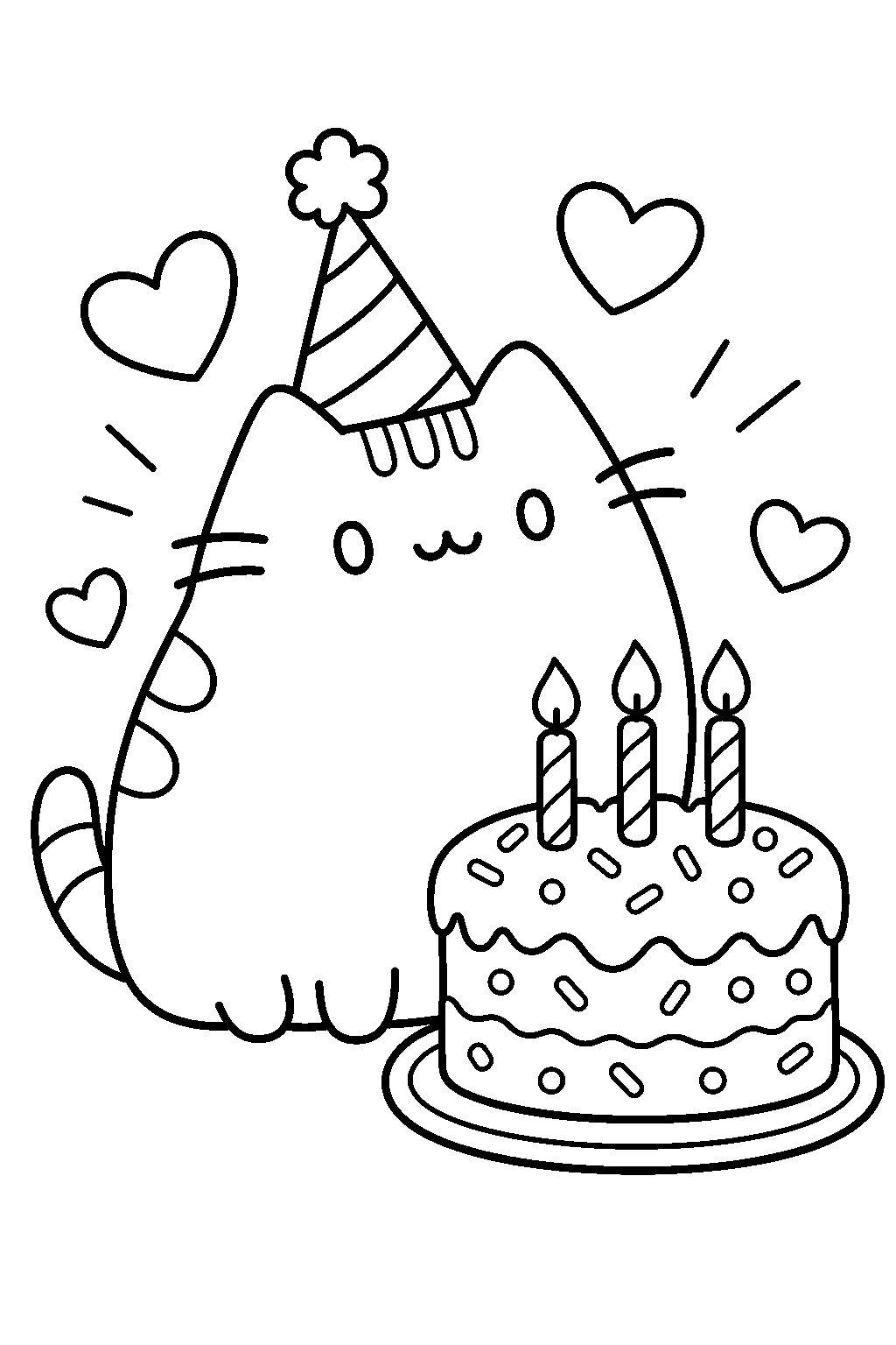 pusheen wearing a birthday hat beside a cake with candles line art