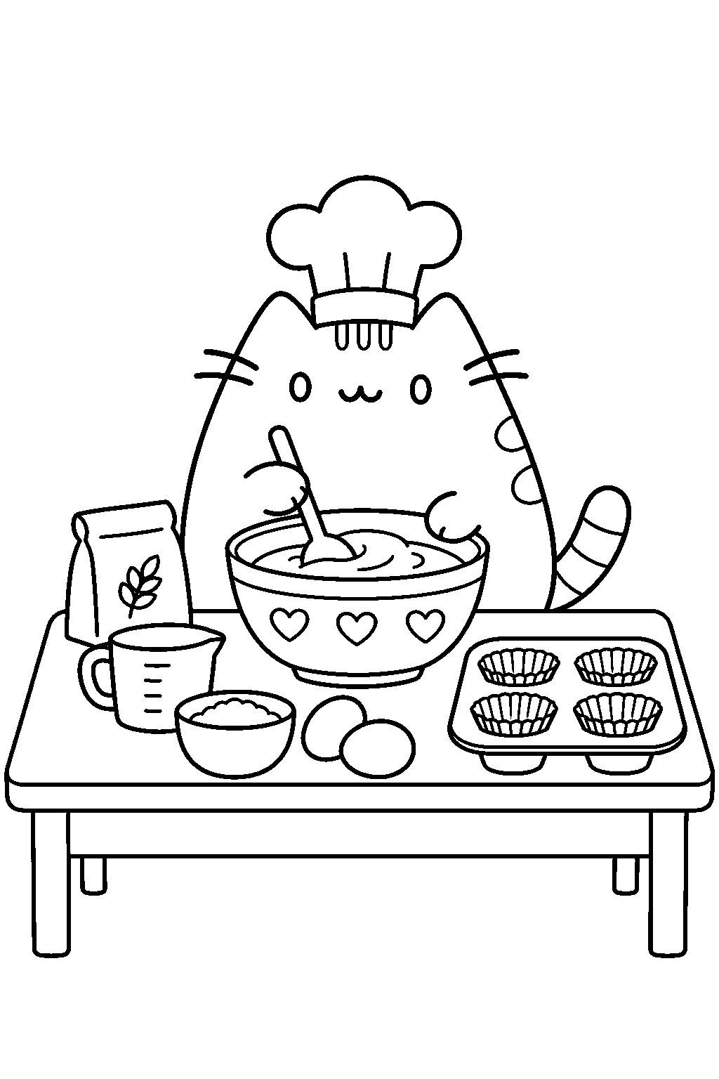 pusheen wearing a chef hat and mixing cupcake batter line art
