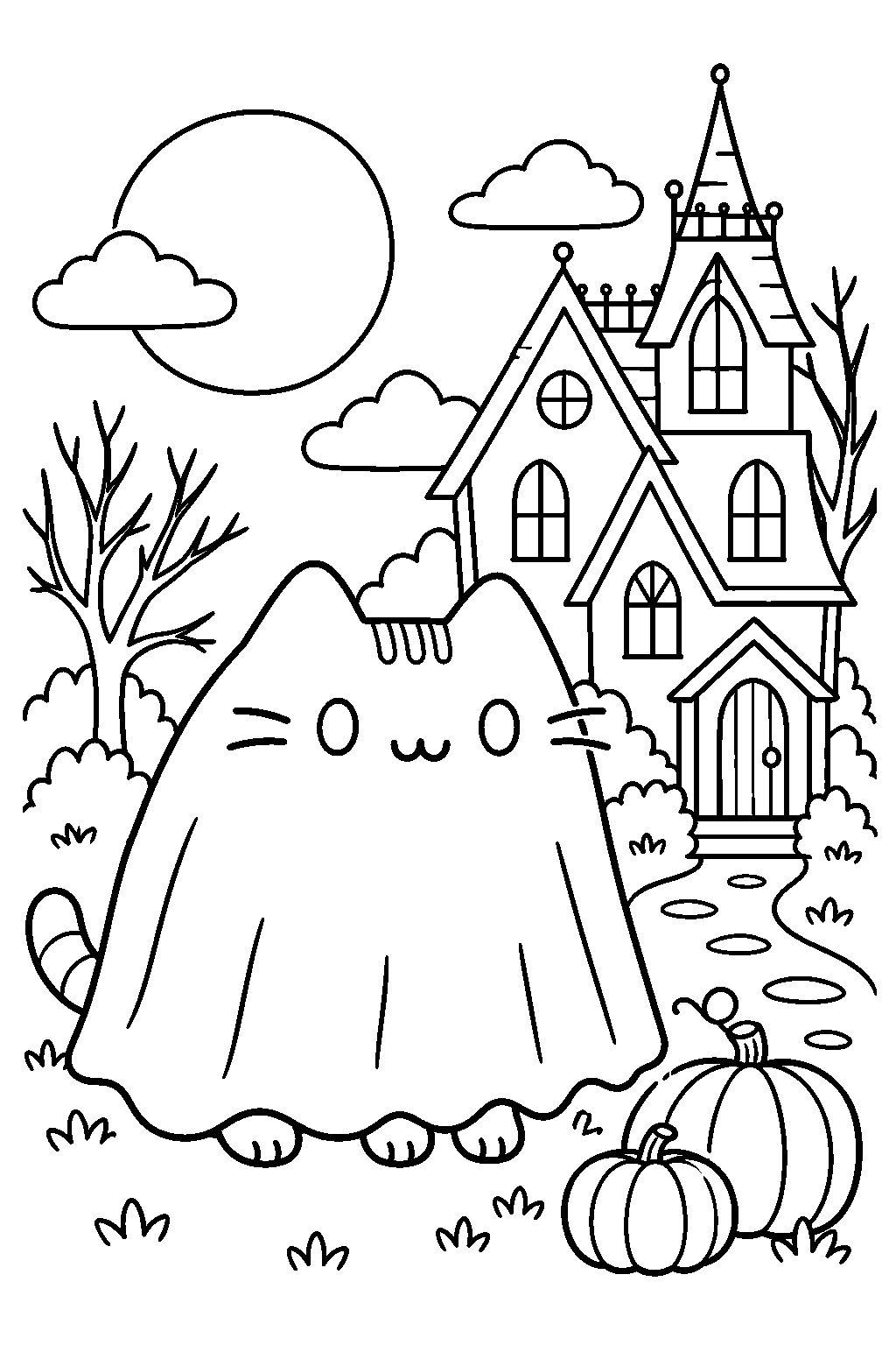 pusheen wearing a ghost costume beside a haunted house line art