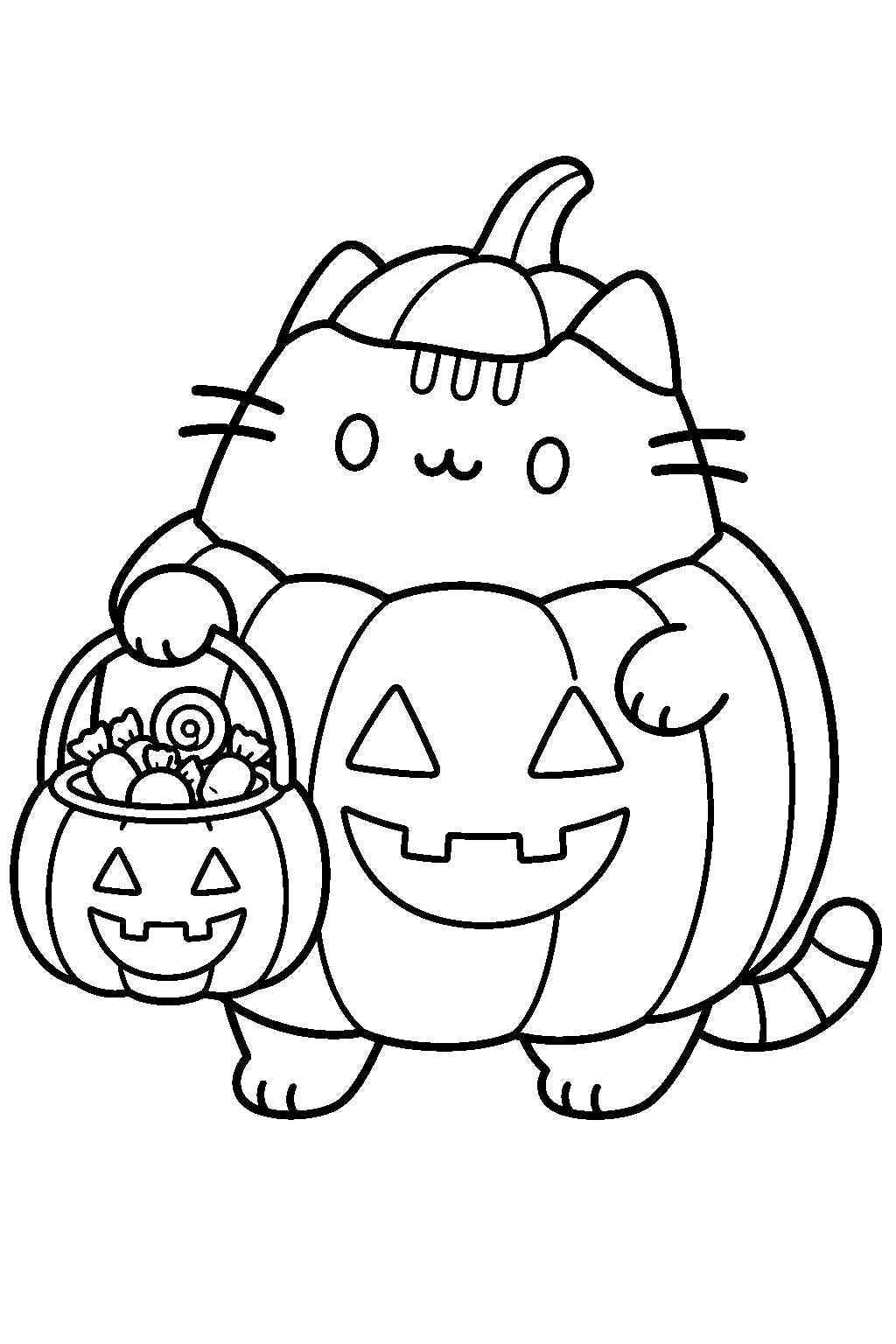 pusheen wearing a pumpkin costume with a halloween candy basket line art