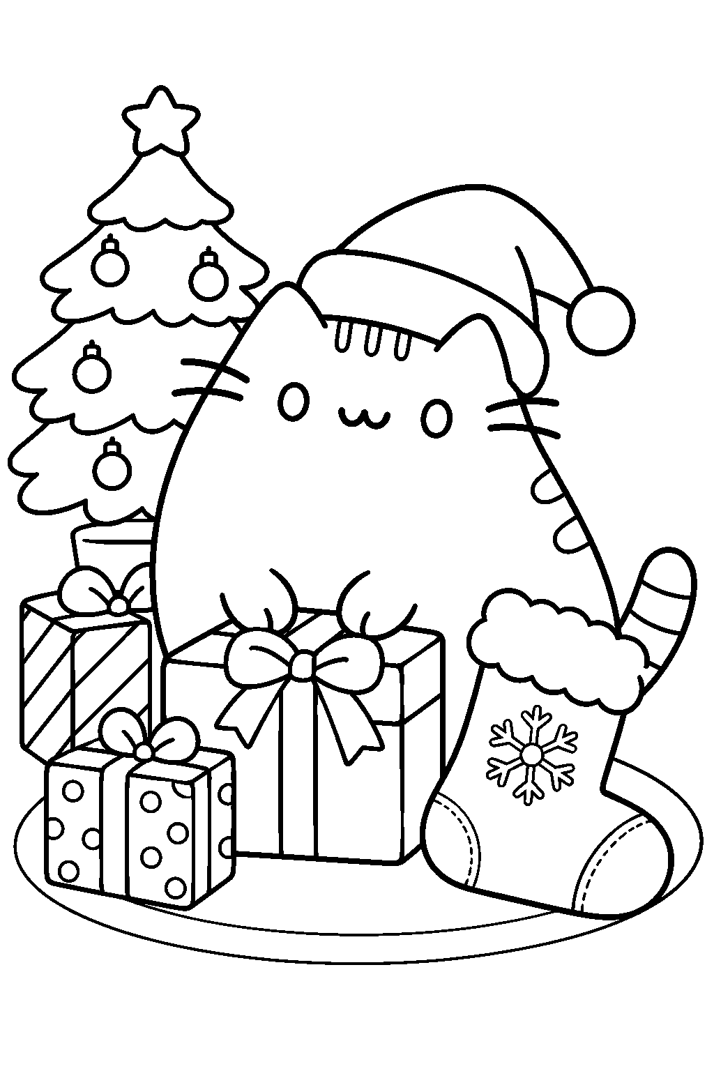 pusheen wearing a santa hat beside christmas gifts and a stocking line art