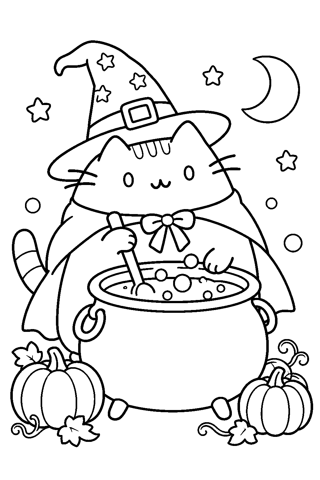 pusheen wearing a witch hat and stirring a halloween cauldron line art
