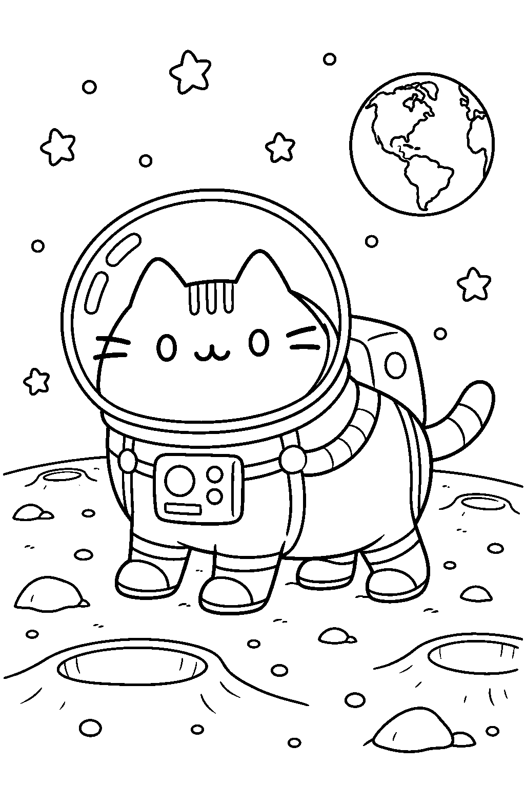 pusheen wearing an astronaut suit and exploring the moon line art