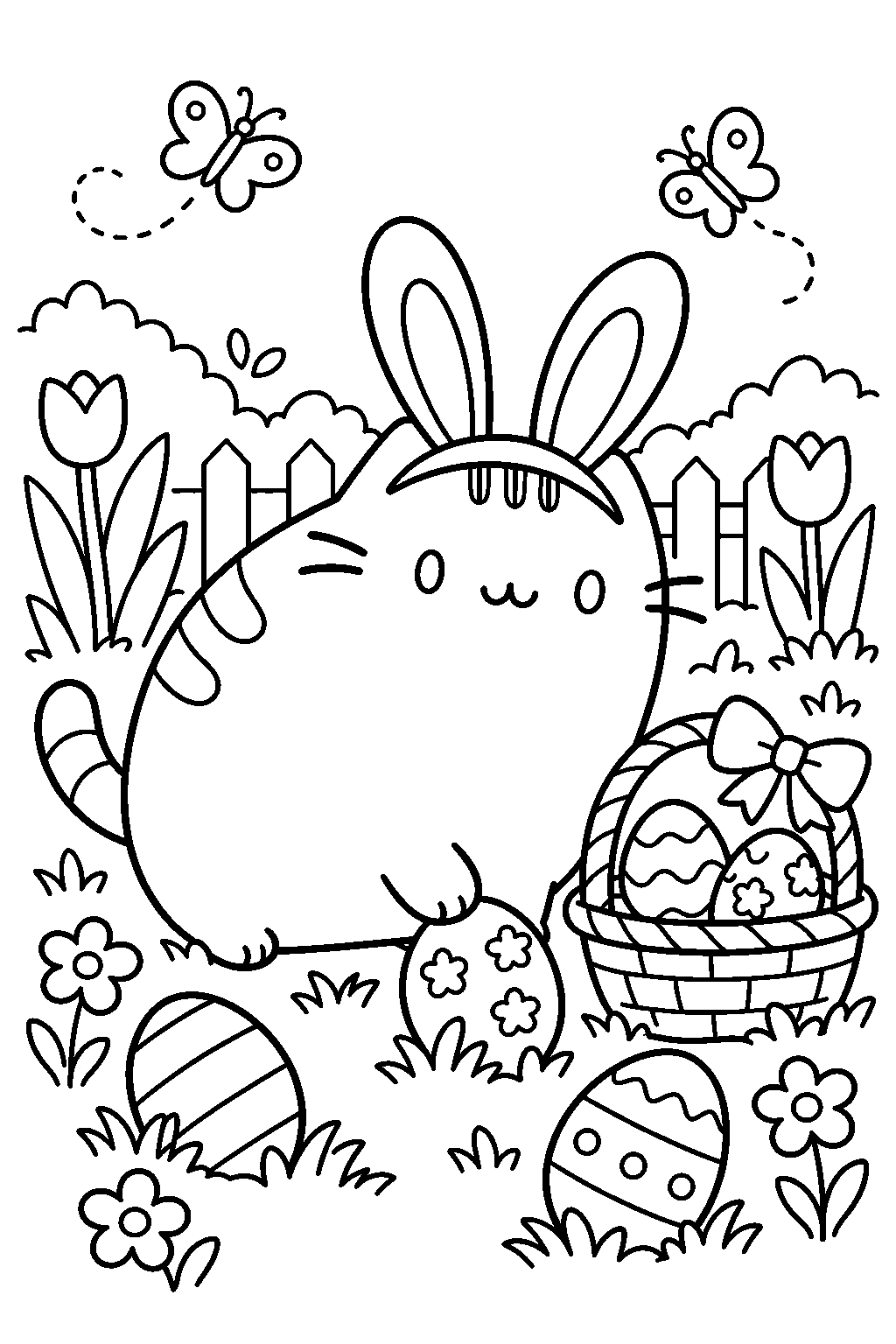 pusheen wearing bunny ears and finding easter eggs in a garden line art
