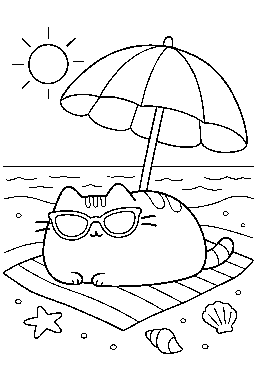 pusheen wearing sunglasses on a beach towel under an umbrella line art
