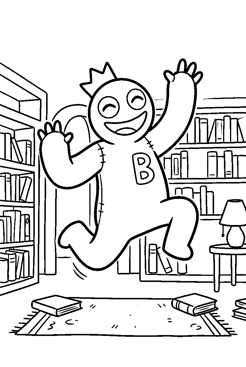 rainbow friends blue jumping in library line art