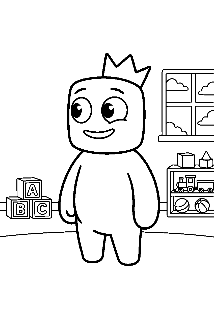 rainbow friends blue looking around in playroom line art