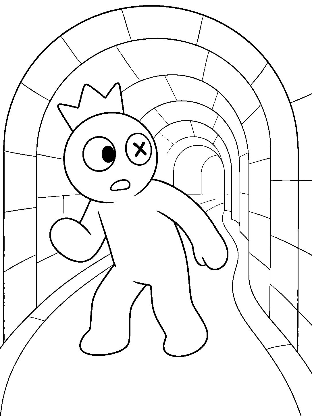 rainbow friends blue looking around in tunnel line art