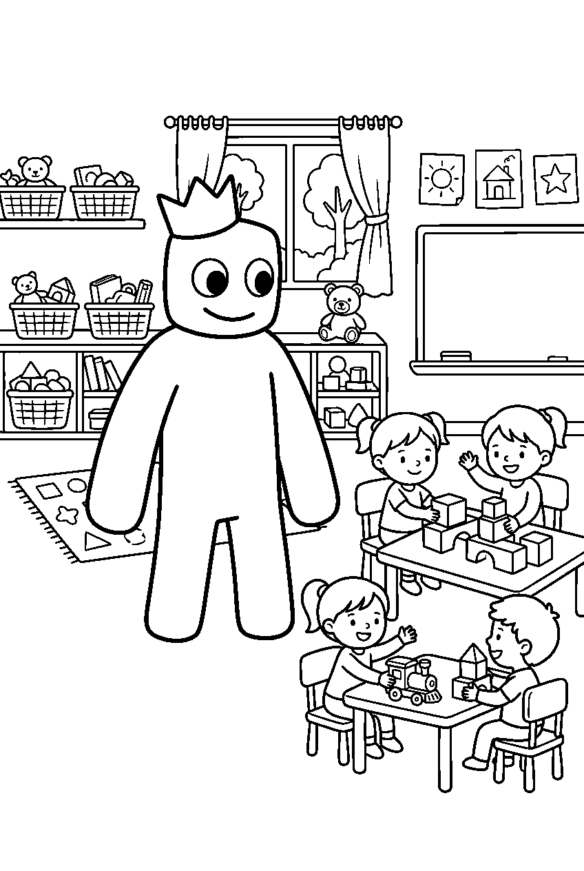 rainbow friends blue observing in kindergarten classroom line art