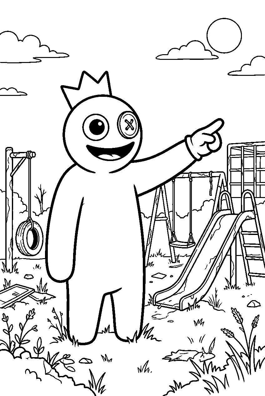 rainbow friends blue pointing in abandoned playground line art