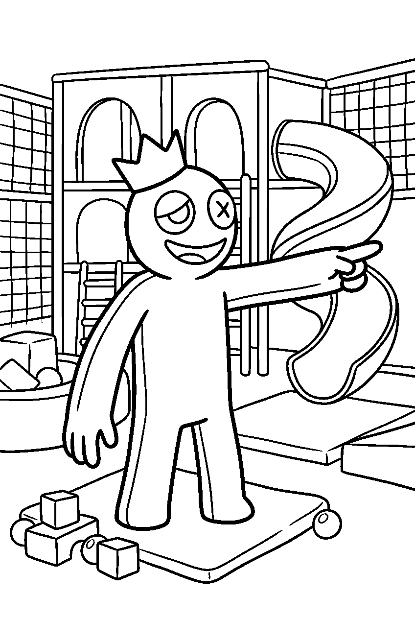 rainbow friends blue pointing in indoor playground line art