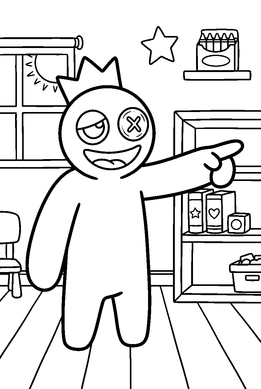 rainbow friends blue pointing in kindergarten classroom line art