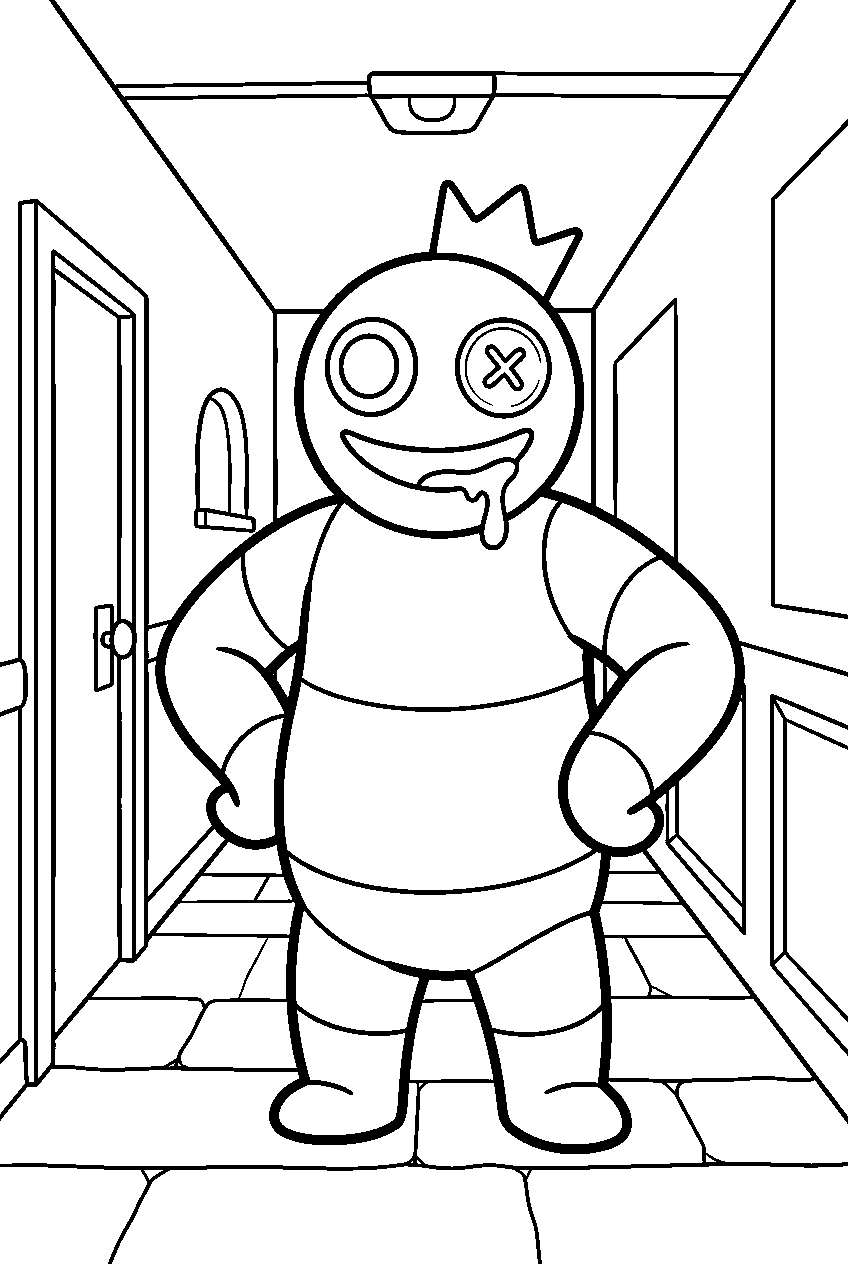 rainbow friends blue posing in dark hallway line art